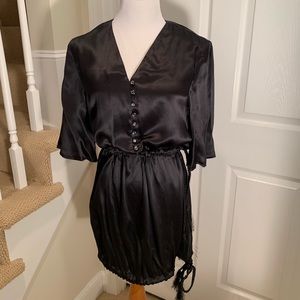 Satiny silk, short, black dress